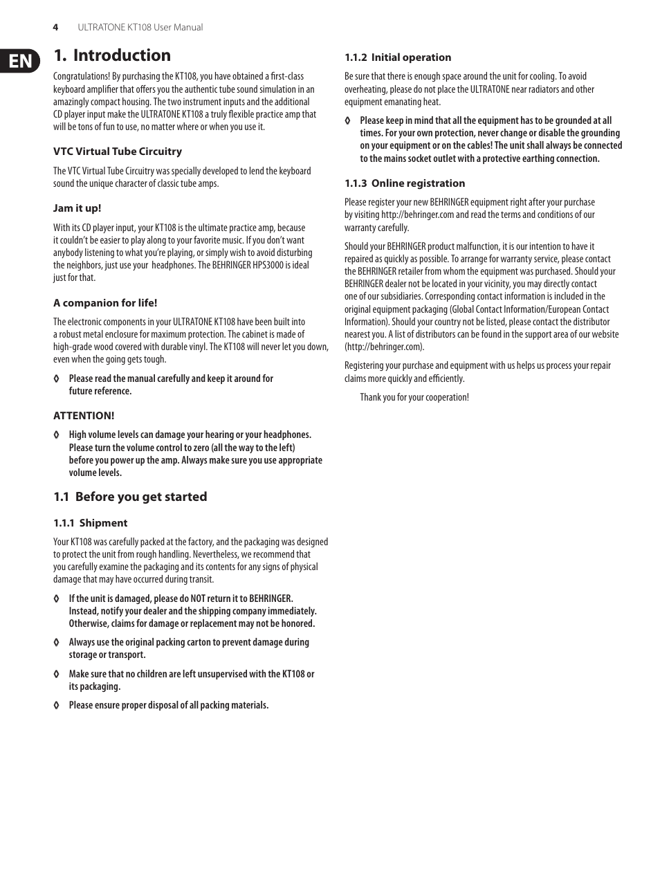 Introduction, 1 before you get started, 1 shipment | 2 initial operation, 3 online registration | Behringer Ultra-Compact 15-watt Keyboard Amplifier with VTC-Technology and Original 8: Bugera Speaker Ultratone KT108 User Manual | Page 4 / 8