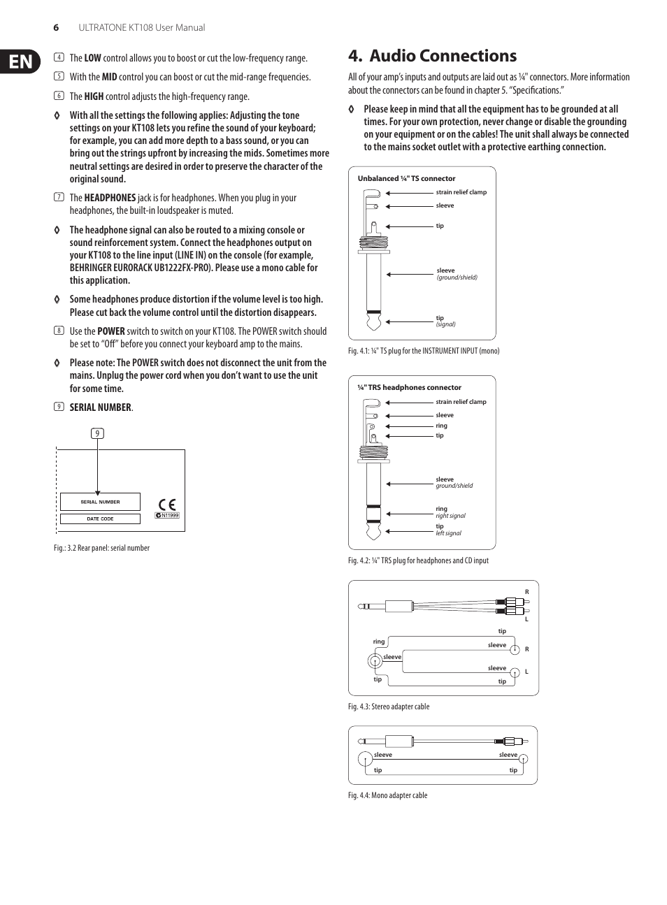 Audio connections | Behringer Ultra-Compact 15-watt Keyboard Amplifier with VTC-Technology and Original 8: Bugera Speaker Ultratone KT108 User Manual | Page 6 / 8