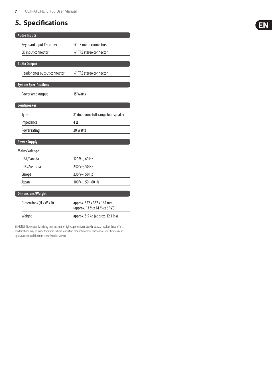 Specifications | Behringer Ultra-Compact 15-watt Keyboard Amplifier with VTC-Technology and Original 8: Bugera Speaker Ultratone KT108 User Manual | Page 7 / 8