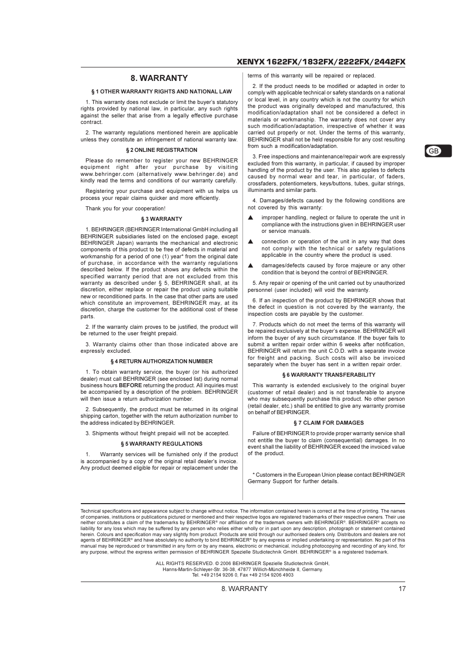Warranty | Behringer XENYX 1622FX User Manual | Page 17 / 17