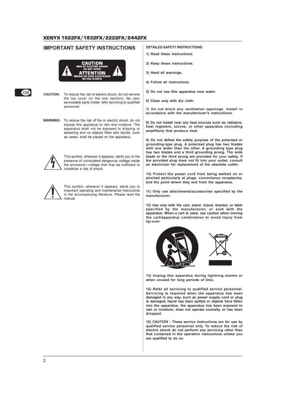 Important safety instructions | Behringer XENYX 1622FX User Manual | Page 2 / 17
