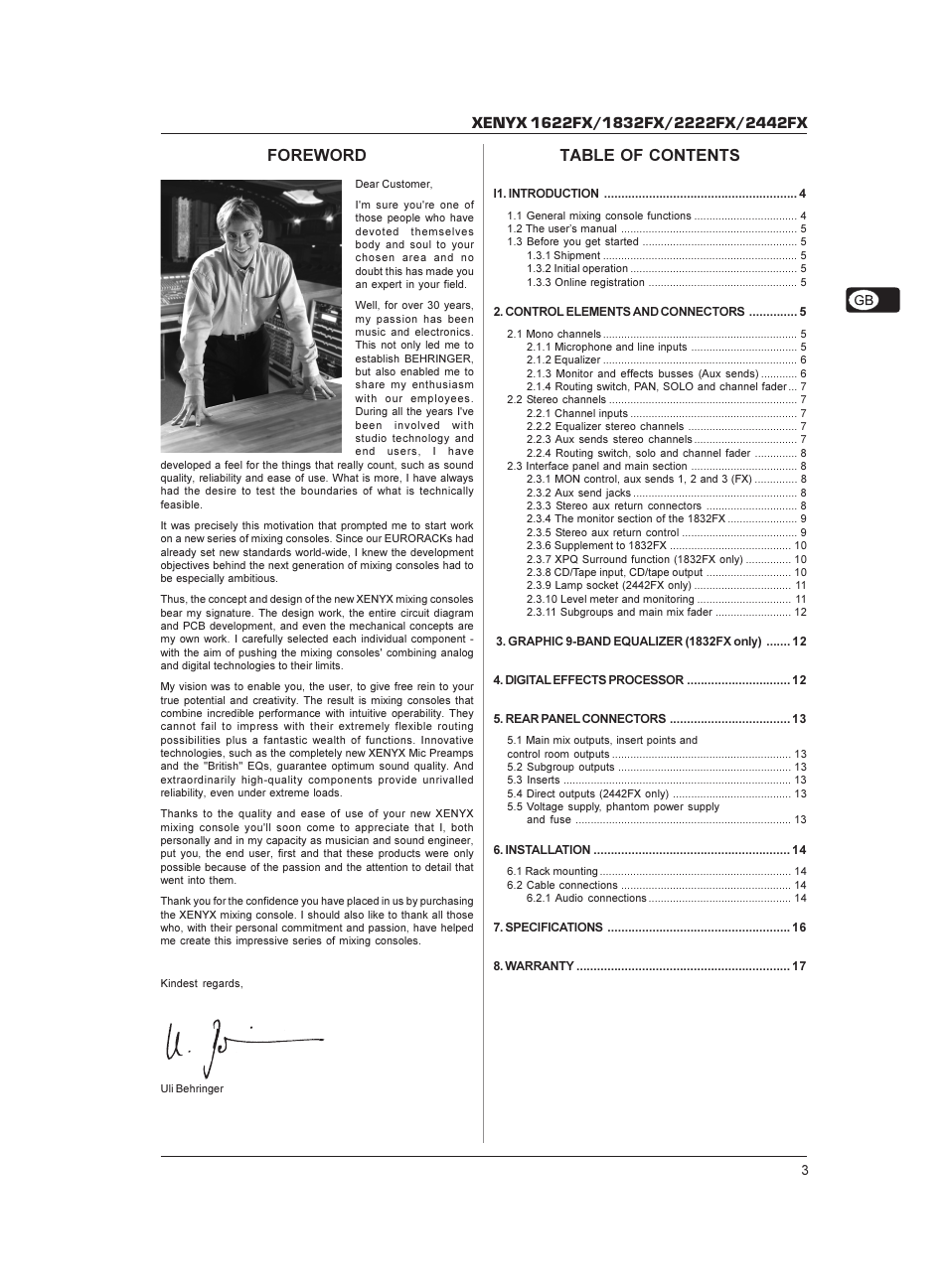Foreword table of contents | Behringer XENYX 1622FX User Manual | Page 3 / 17