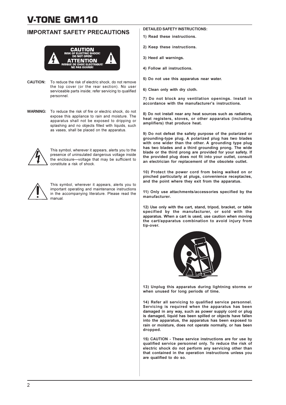 V-tone gm110, Important safety precautions | Behringer V-TONE GM110 User Manual | Page 2 / 9