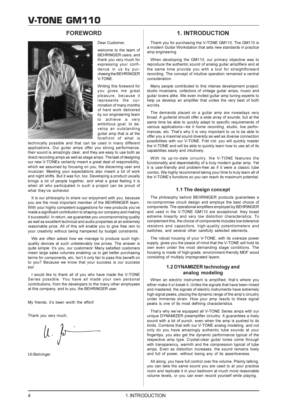 V-tone gm110, Foreword, Introduction | 1 the design concept, 2 dynamizer technology and analog modeling | Behringer V-TONE GM110 User Manual | Page 4 / 9