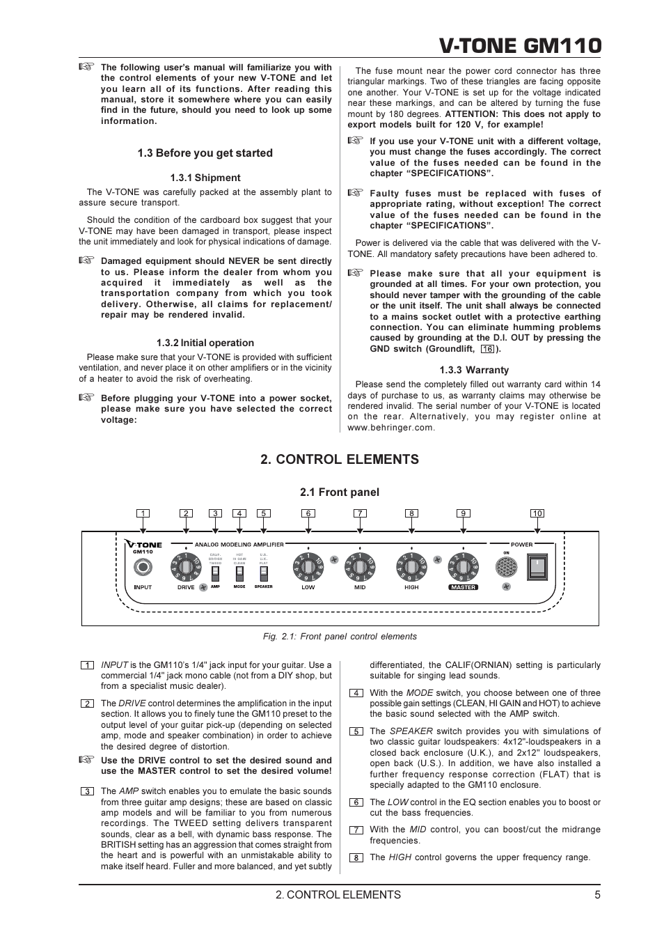 V-tone gm110, Control elements | Behringer V-TONE GM110 User Manual | Page 5 / 9