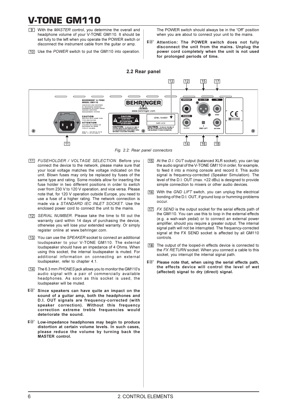 V-tone gm110, 2 rear panel, Control elements | Behringer V-TONE GM110 User Manual | Page 6 / 9