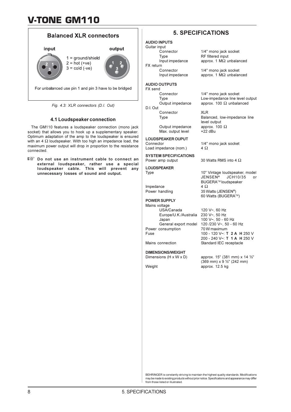 V-tone gm110, Specifications, 1 loudspeaker connection | Behringer V-TONE GM110 User Manual | Page 8 / 9