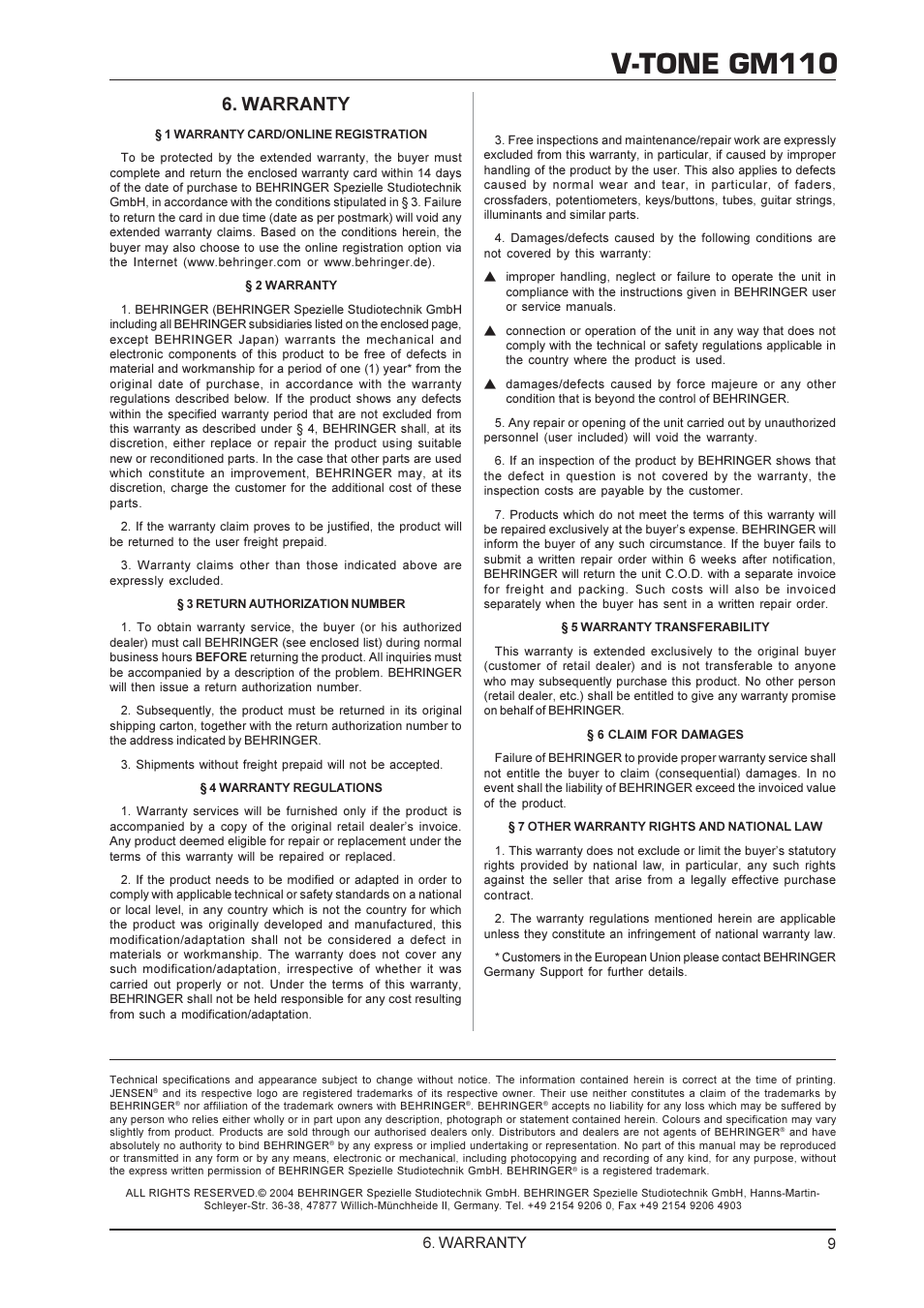 V-tone gm110, Warranty | Behringer V-TONE GM110 User Manual | Page 9 / 9