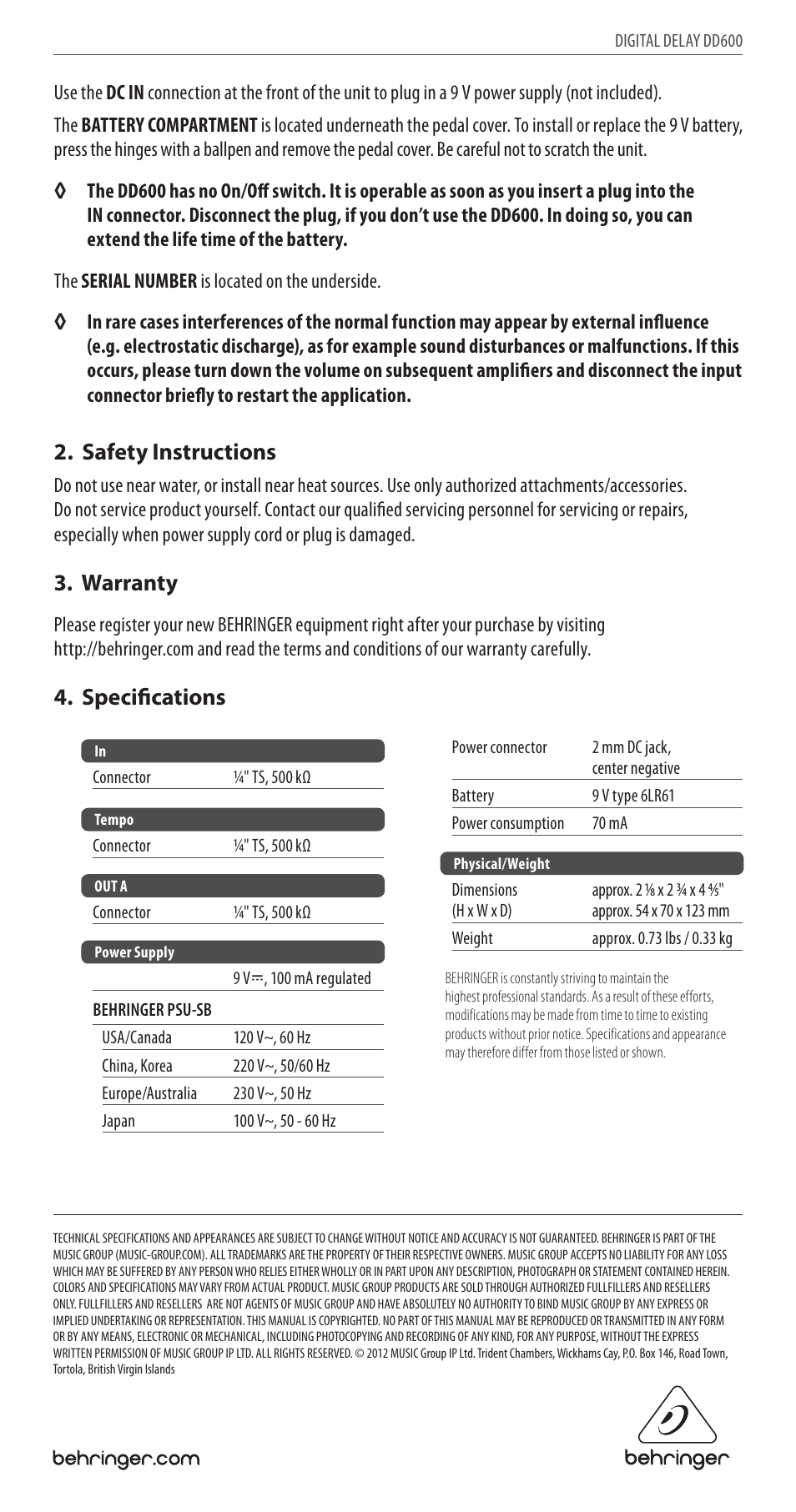 Safety instructions, Warranty, Specifications | Behringer Digital Delay DD600 User Manual | Page 2 / 2