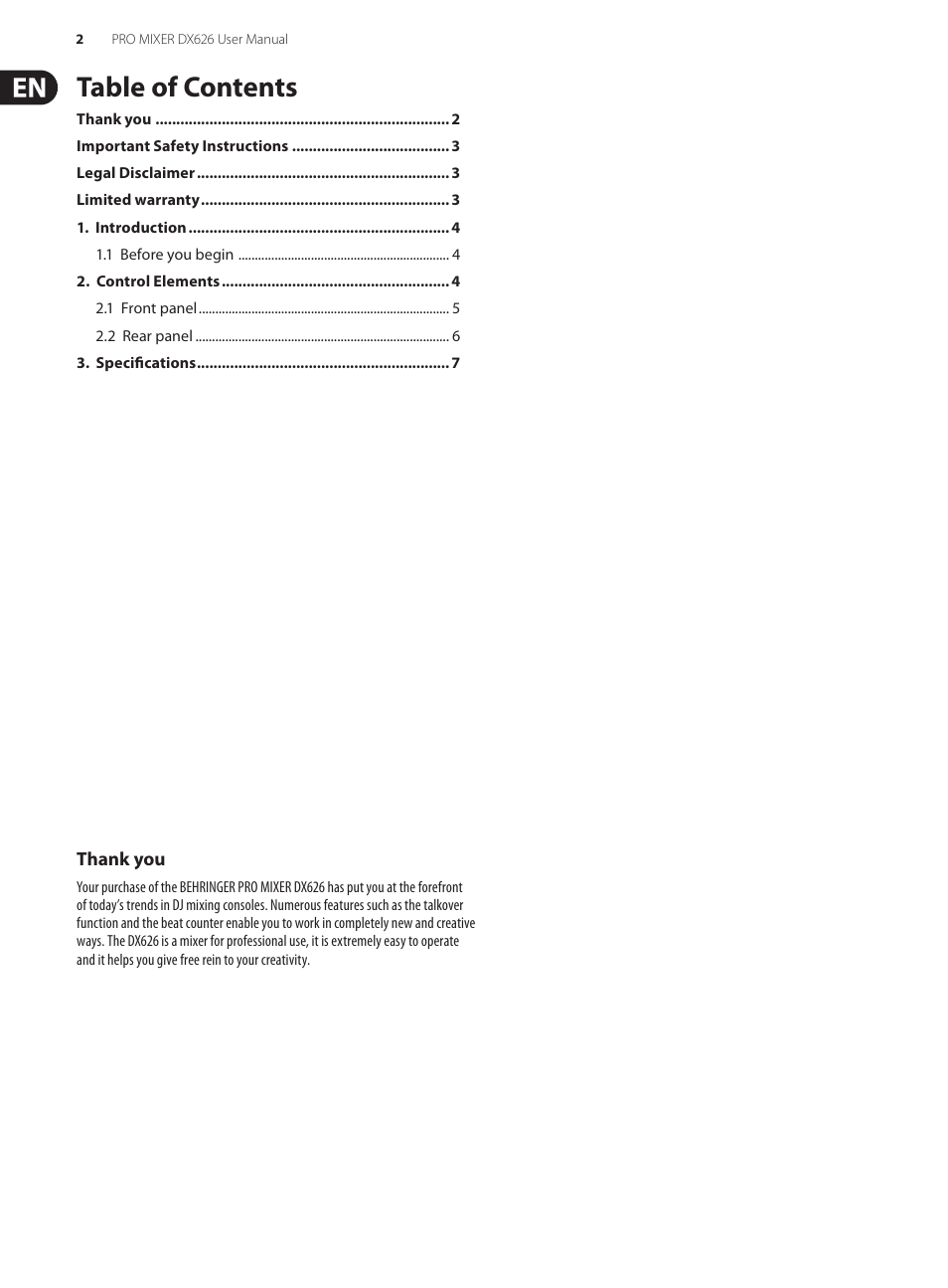 Behringer Pro Mixer DX626 User Manual | Page 2 / 9