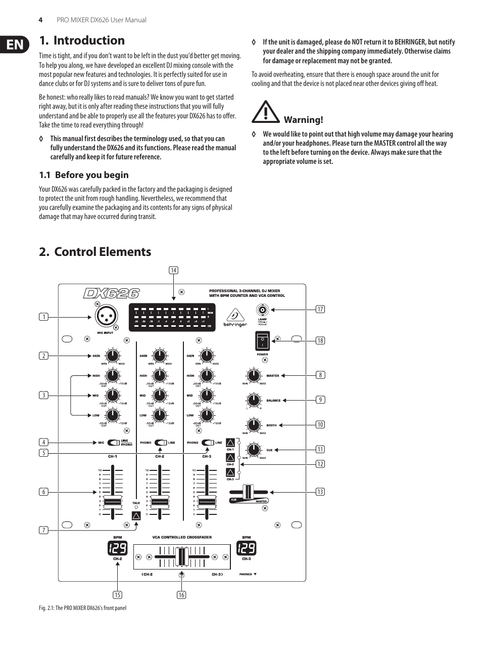 Introduction, 1 before you begin, Control elements | Behringer Pro Mixer DX626 User Manual | Page 4 / 9