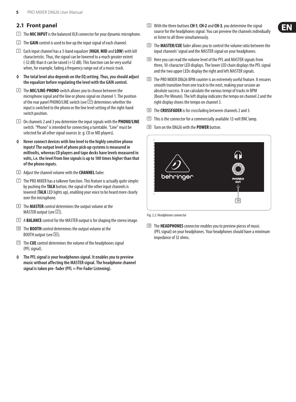 1 front panel | Behringer Pro Mixer DX626 User Manual | Page 5 / 9