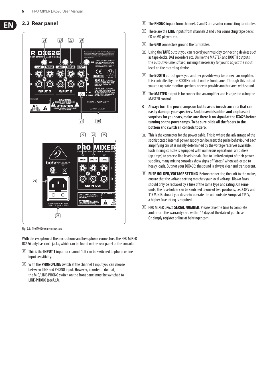 2 rear panel | Behringer Pro Mixer DX626 User Manual | Page 6 / 9