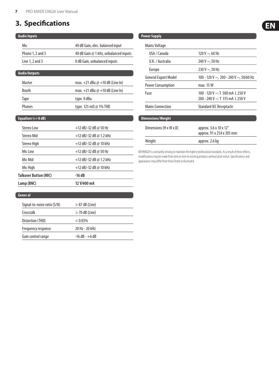 Specifications | Behringer Pro Mixer DX626 User Manual | Page 7 / 9