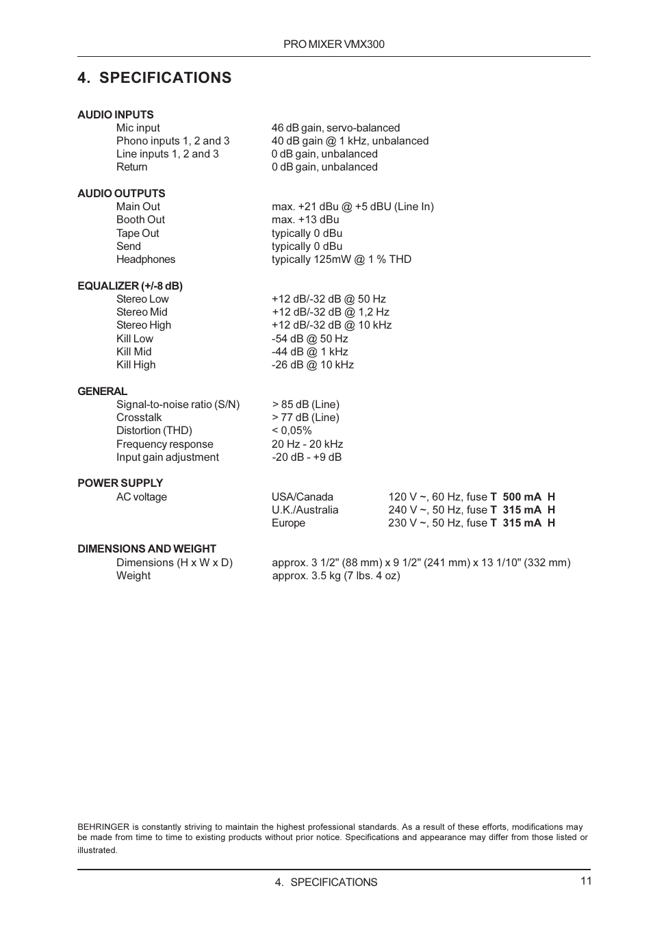 Specifications | Behringer VMX300 User Manual | Page 11 / 12