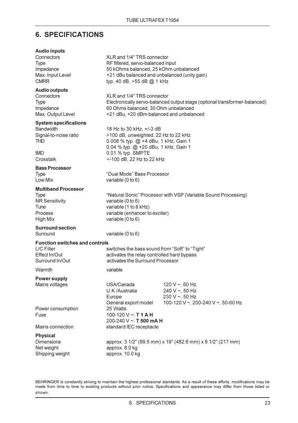 Specifications | Behringer T1954 User Manual | Page 23 / 24