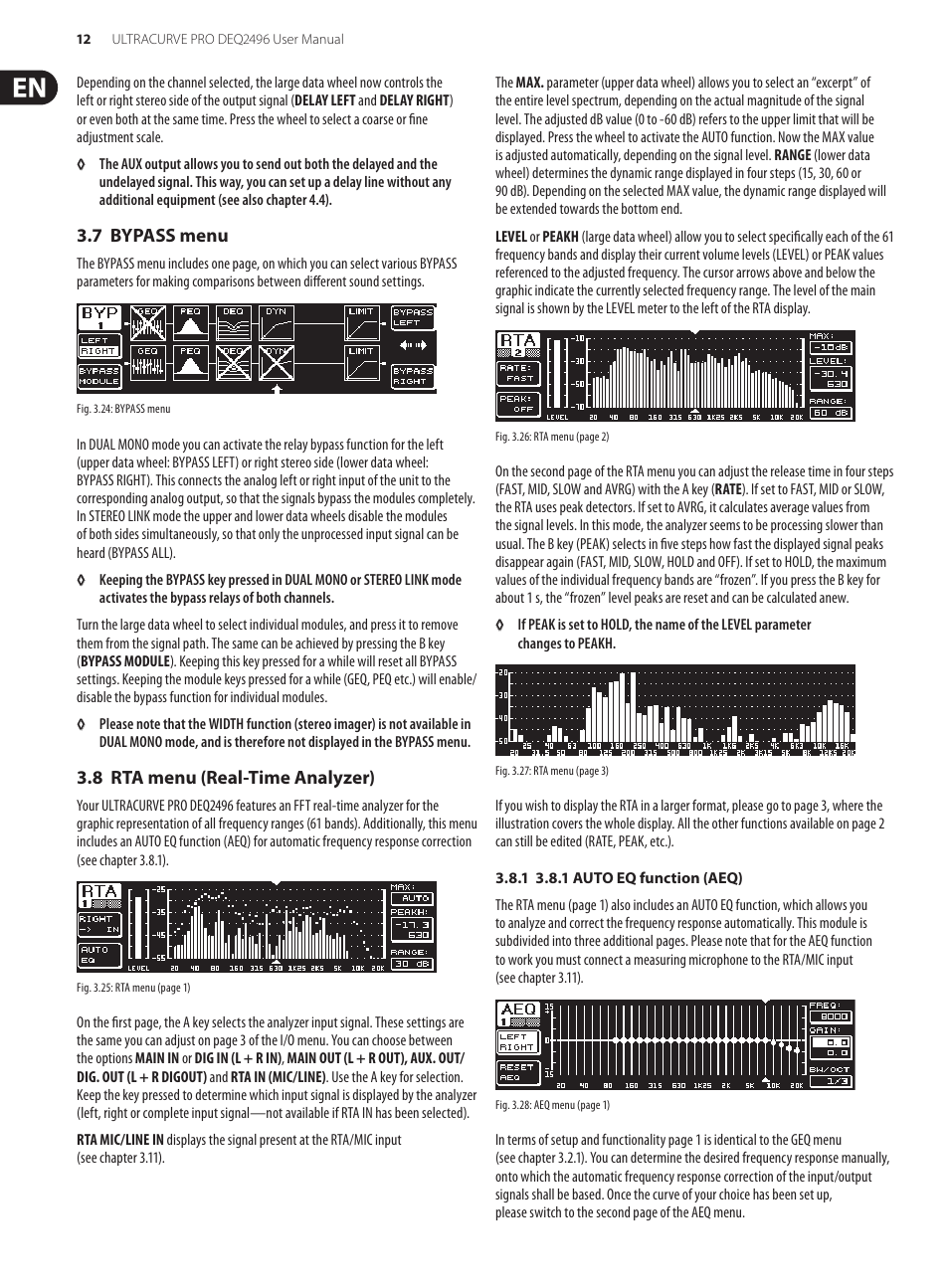 7 bypass menu, 8 rta menu (real-time analyzer), 7 bypass menu 3.8 rta menu (real-time analyzer) | Behringer high-precision digital 24-bit/96 kHz EQ/RTA mastering processor DEQ2496 User Manual | Page 12 / 22