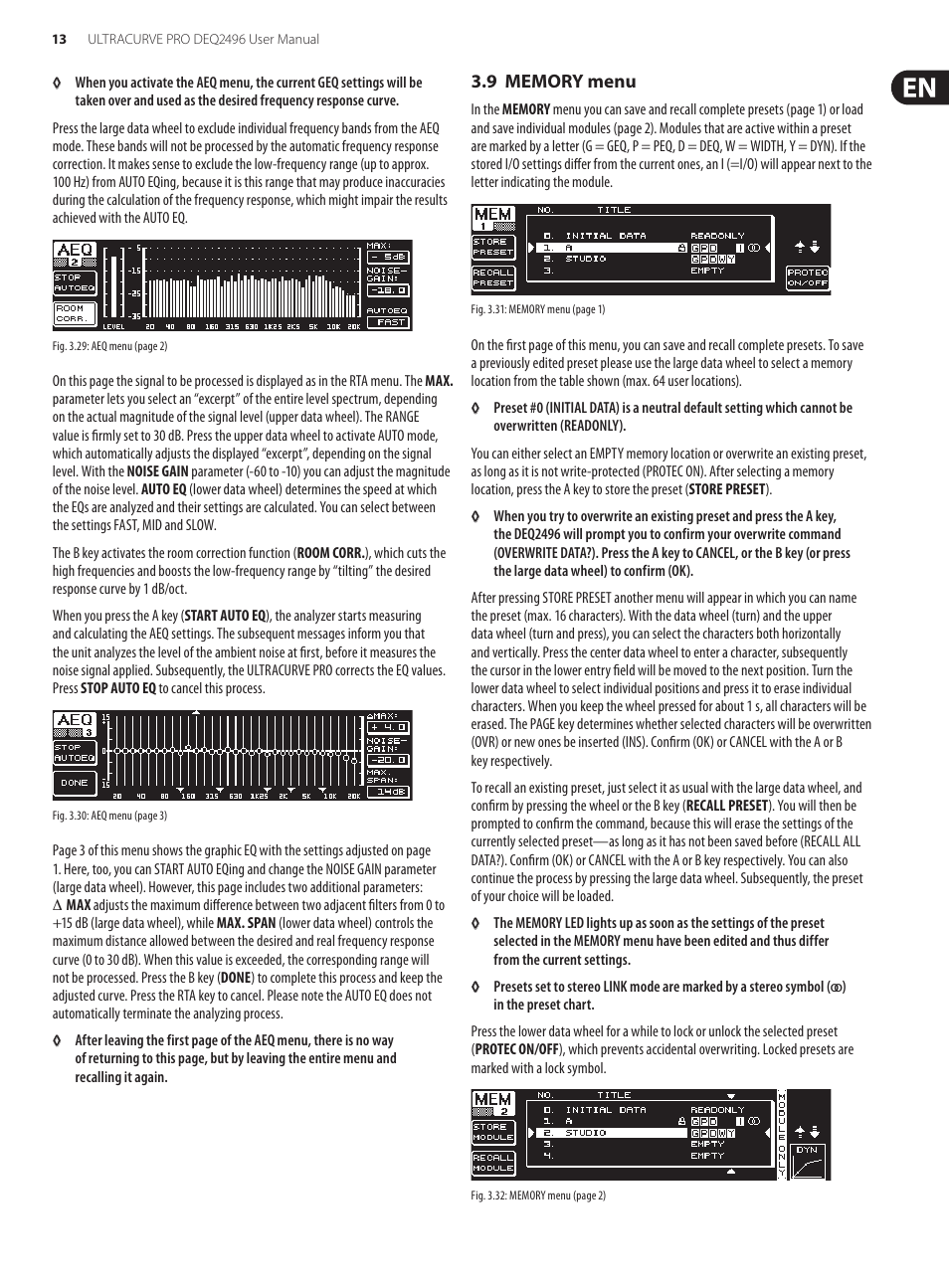 9 memory menu | Behringer high-precision digital 24-bit/96 kHz EQ/RTA mastering processor DEQ2496 User Manual | Page 13 / 22