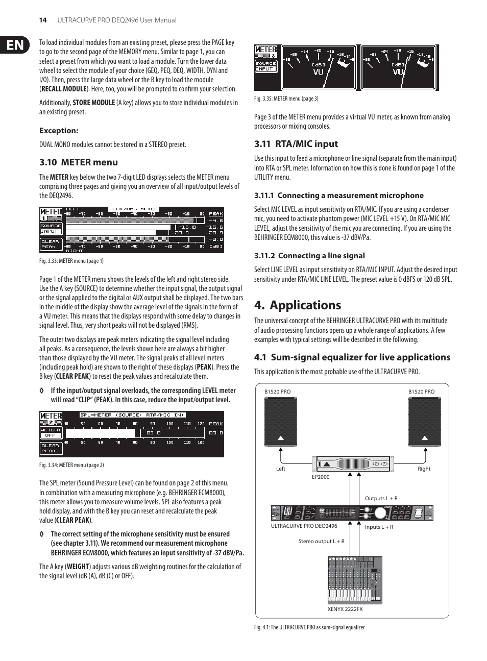 10 meter menu, 11 rta/mic input, Applications | 1 sum-signal equalizer for live applications, 10 meter menu 3.11 rta/mic input | Behringer high-precision digital 24-bit/96 kHz EQ/RTA mastering processor DEQ2496 User Manual | Page 14 / 22