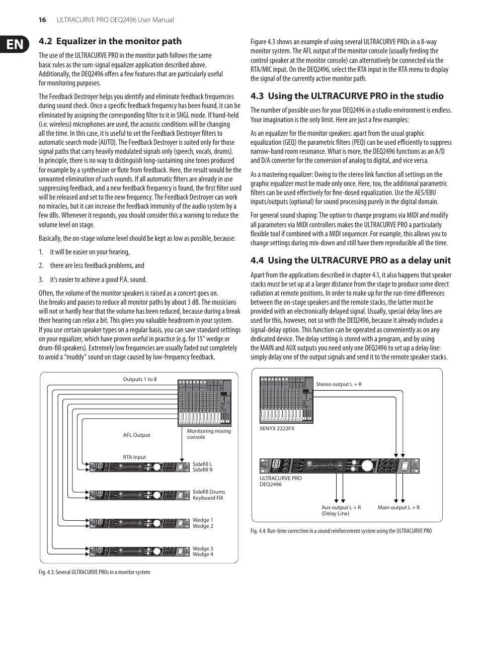 2 equalizer in the monitor path, 3 using the ultracurve pro in the studio, 4 using the ultracurve pro as a delay unit | Behringer high-precision digital 24-bit/96 kHz EQ/RTA mastering processor DEQ2496 User Manual | Page 16 / 22