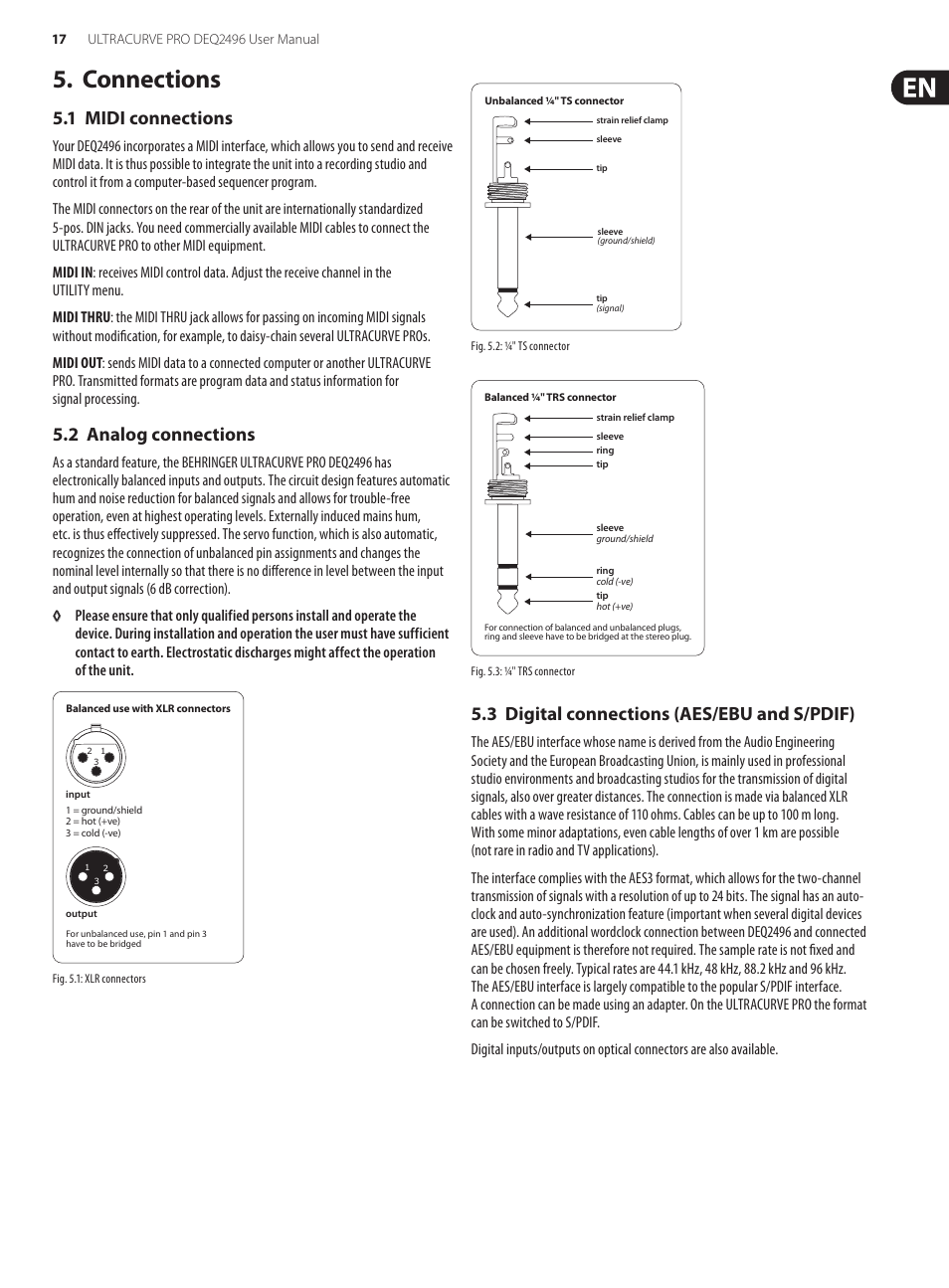 Connections, 1 midi connections, 2 analog connections | 3 digital connections (aes/ebu and s/pdif) | Behringer high-precision digital 24-bit/96 kHz EQ/RTA mastering processor DEQ2496 User Manual | Page 17 / 22