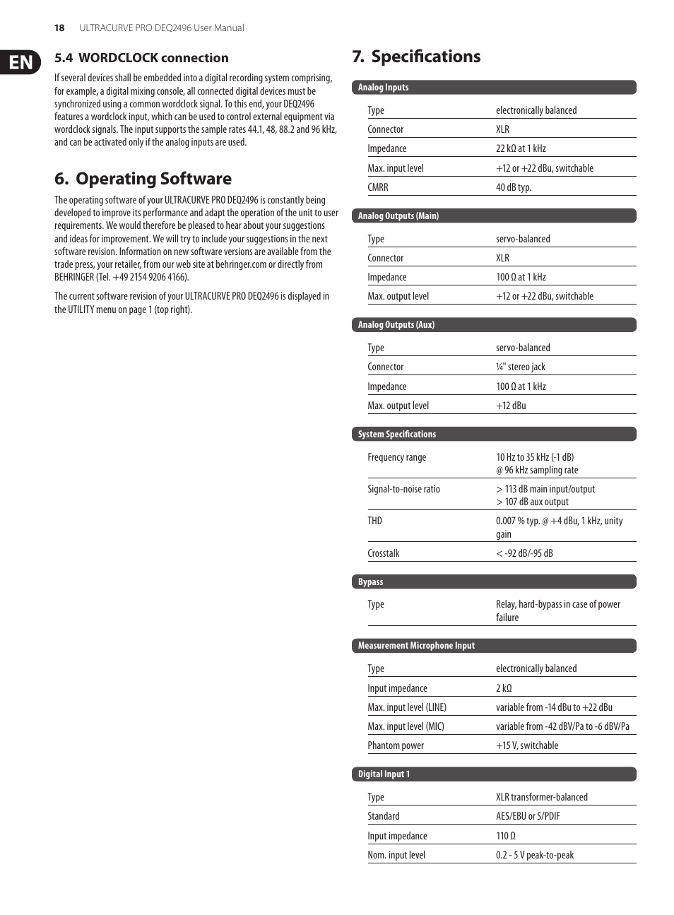 4 wordclock connection, Operating software, Specifications | Operating software 7. specifications | Behringer high-precision digital 24-bit/96 kHz EQ/RTA mastering processor DEQ2496 User Manual | Page 18 / 22