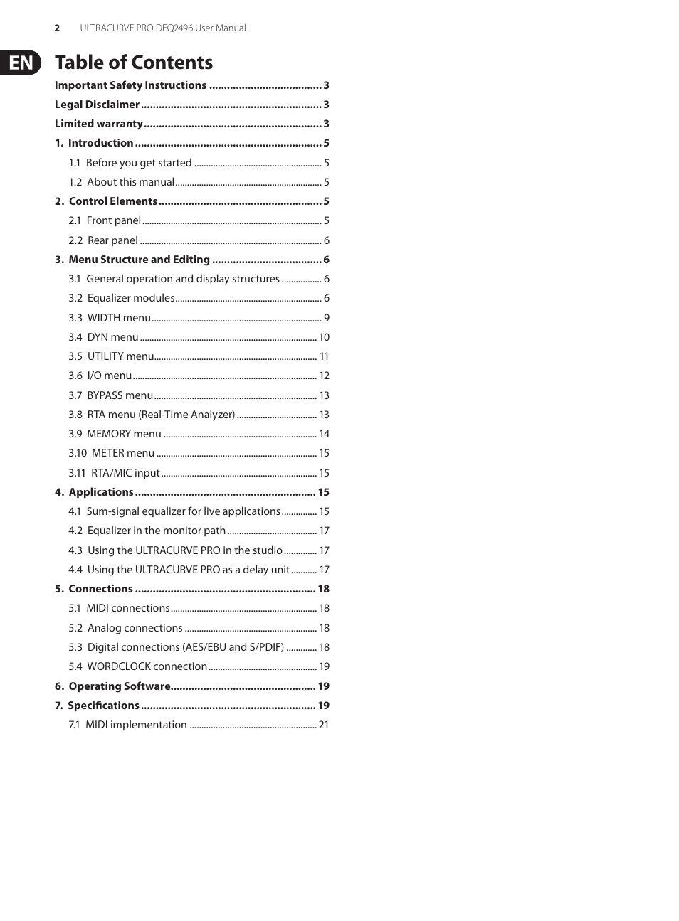 Behringer high-precision digital 24-bit/96 kHz EQ/RTA mastering processor DEQ2496 User Manual | Page 2 / 22