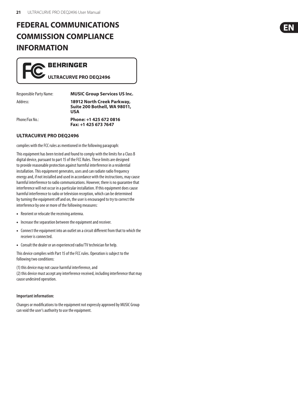 Behringer high-precision digital 24-bit/96 kHz EQ/RTA mastering processor DEQ2496 User Manual | Page 21 / 22