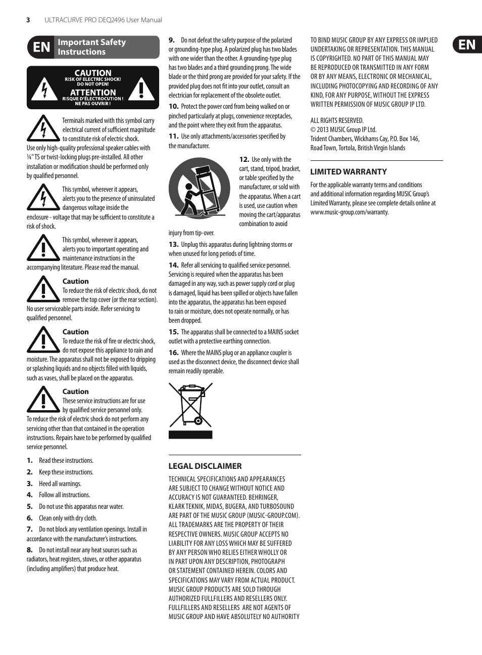 Important safety instructions, Legal disclaimer, Limited warranty | Behringer high-precision digital 24-bit/96 kHz EQ/RTA mastering processor DEQ2496 User Manual | Page 3 / 22