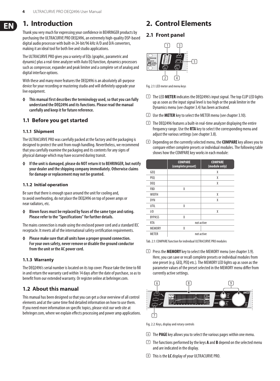 Introduction, 1 before you get started, 2 about this manual | Control elements, 1 front panel, 1 before you get started 1.2 about this manual | Behringer high-precision digital 24-bit/96 kHz EQ/RTA mastering processor DEQ2496 User Manual | Page 4 / 22