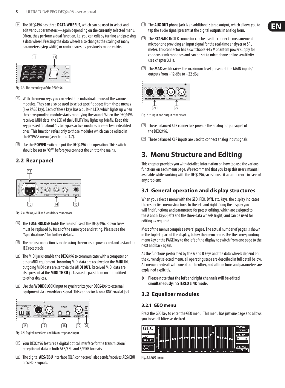 2 rear panel, Menu structure and editing, 1 general operation and display structures | 2 equalizer modules | Behringer high-precision digital 24-bit/96 kHz EQ/RTA mastering processor DEQ2496 User Manual | Page 5 / 22