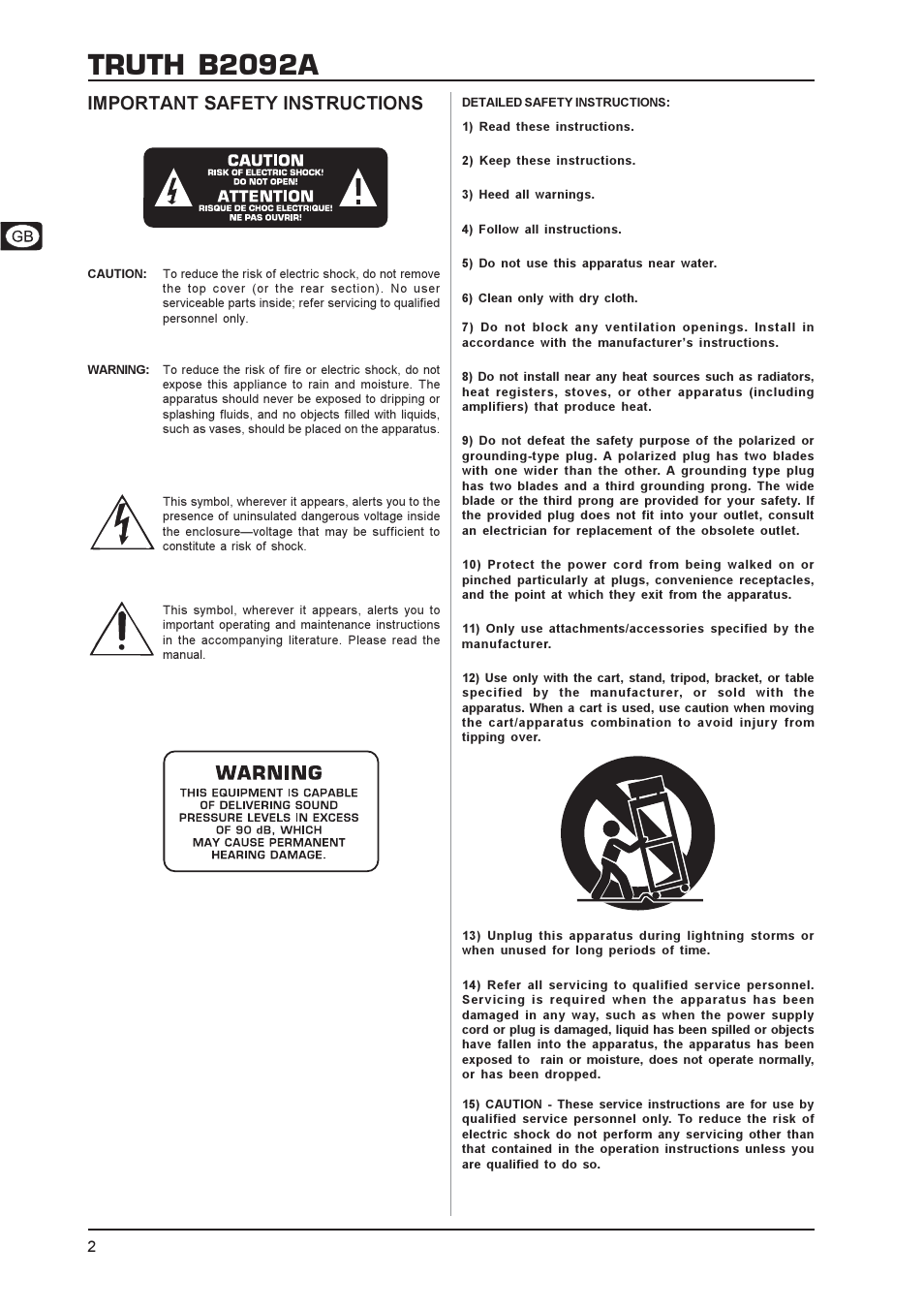 Truth b2092a, Important safety instructions | Behringer B2092A User Manual | Page 2 / 10