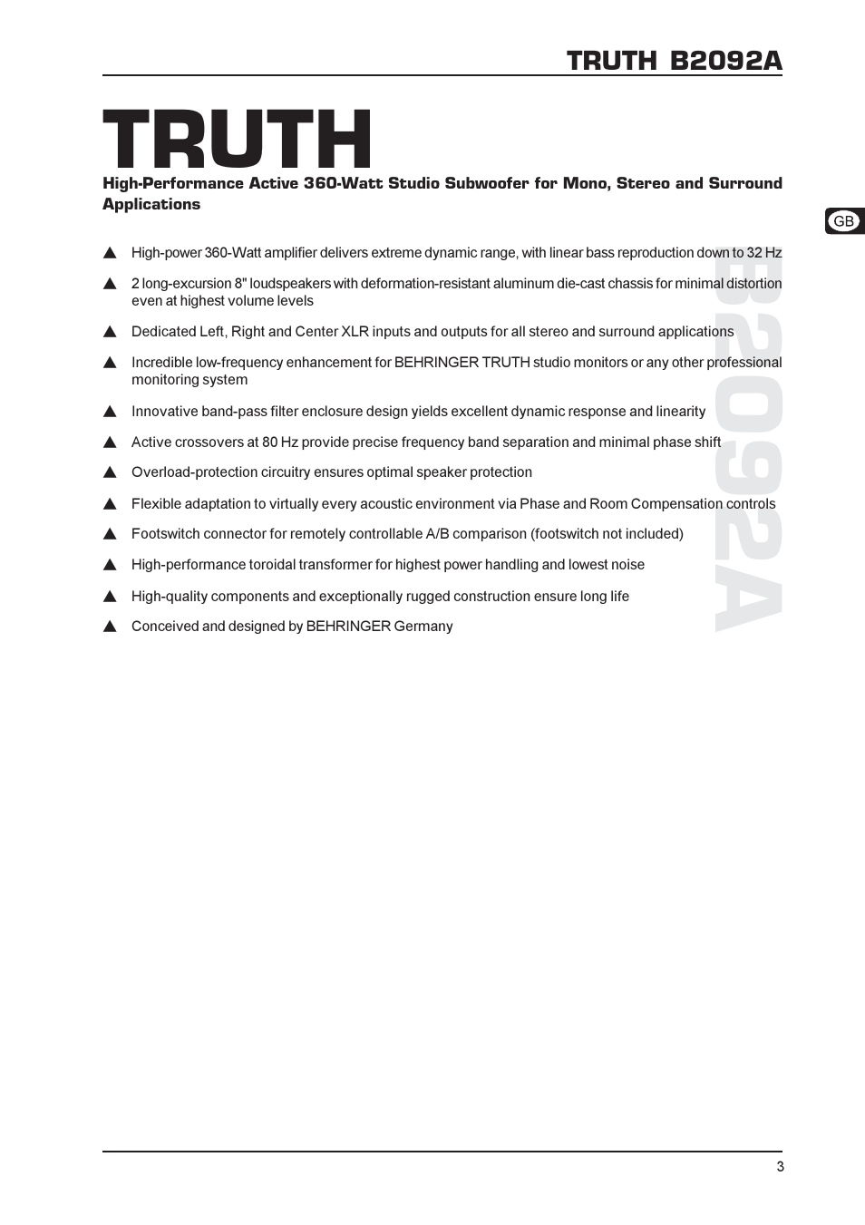 B2092a, Truth, Truth b2092a | Behringer B2092A User Manual | Page 3 / 10