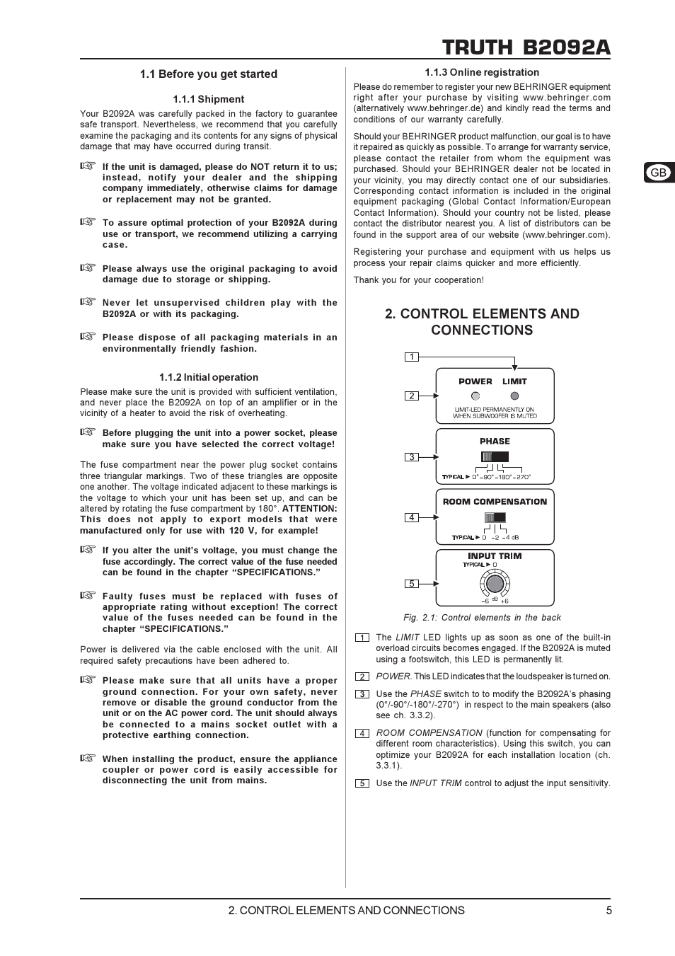 Truth b2092a, Control elements and connections | Behringer B2092A User Manual | Page 5 / 10