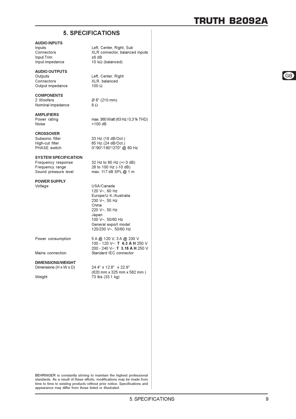 Truth b2092a, Specifications | Behringer B2092A User Manual | Page 9 / 10