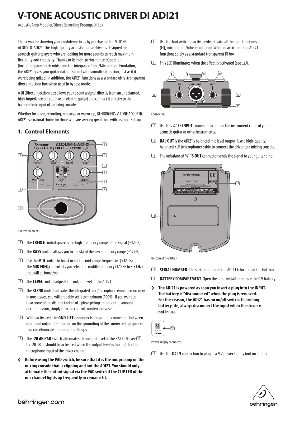 Behringer V-TONE ACOUSTIC DRIVER DI ADI21 User Manual | 2 pages