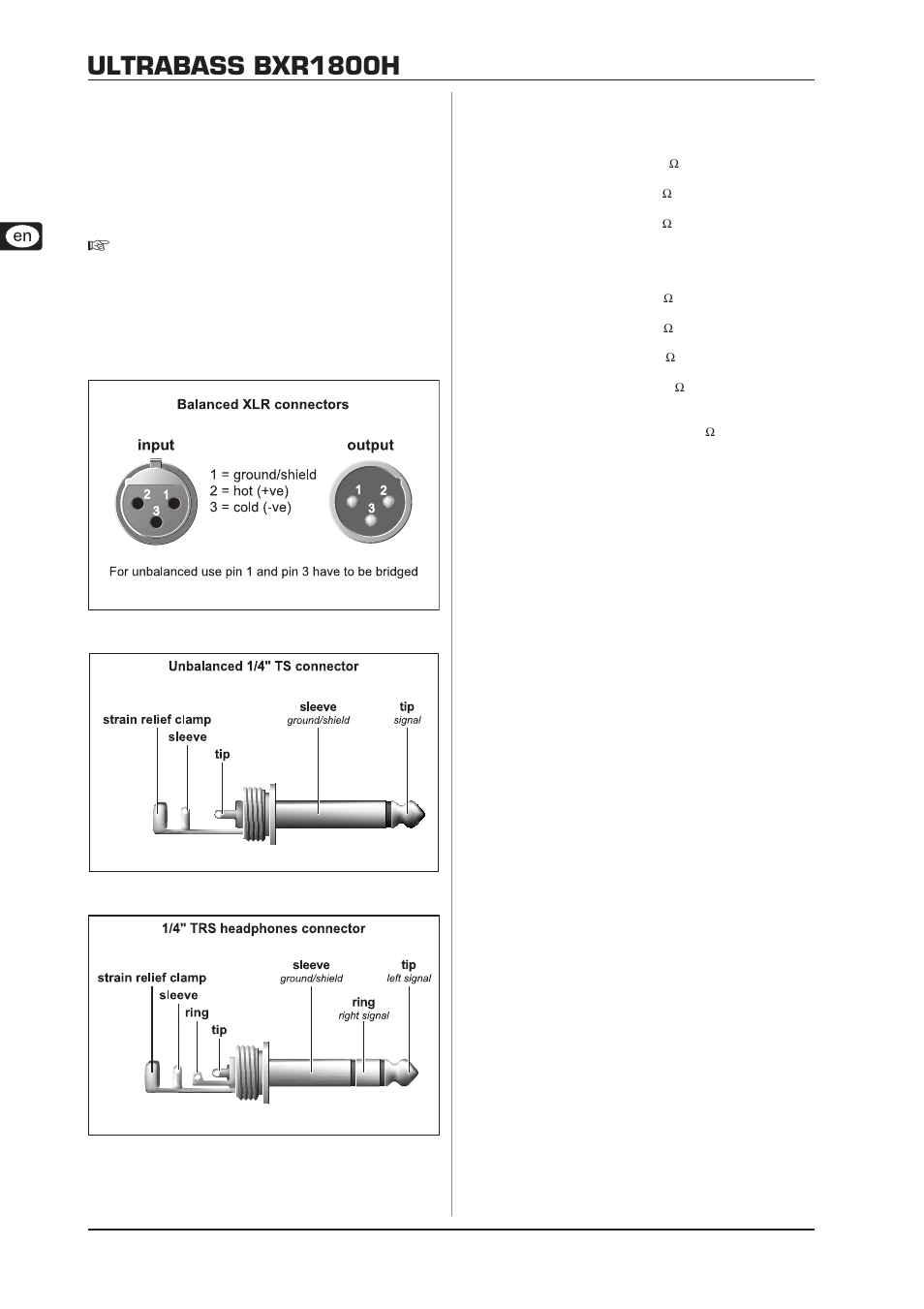 Installation, 1 audio connections, Specifications | 5 installation, Ultrabass bxr1800h | Behringer Ultrabass Compact 180-Watt 2-Channel Bass Amplifier Head with FBQ Spectrum Analyzer BXR1800H User Manual | Page 10 / 12
