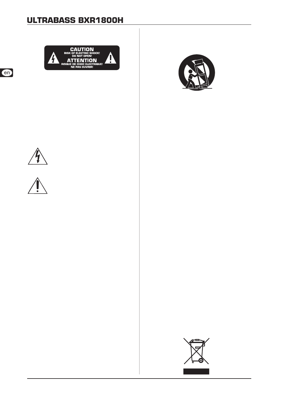 Important safety instructions, Ultrabass bxr1800h | Behringer Ultrabass Compact 180-Watt 2-Channel Bass Amplifier Head with FBQ Spectrum Analyzer BXR1800H User Manual | Page 2 / 12