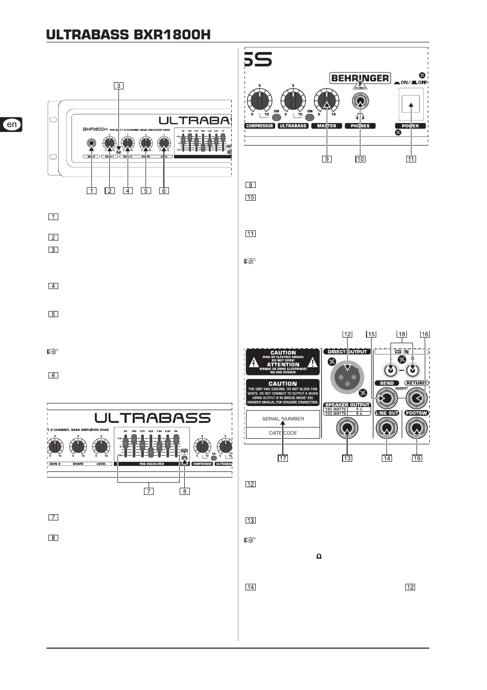 Control elements, Control elements and connections, Ultrabass bxr1800h | Behringer Ultrabass Compact 180-Watt 2-Channel Bass Amplifier Head with FBQ Spectrum Analyzer BXR1800H User Manual | Page 6 / 12
