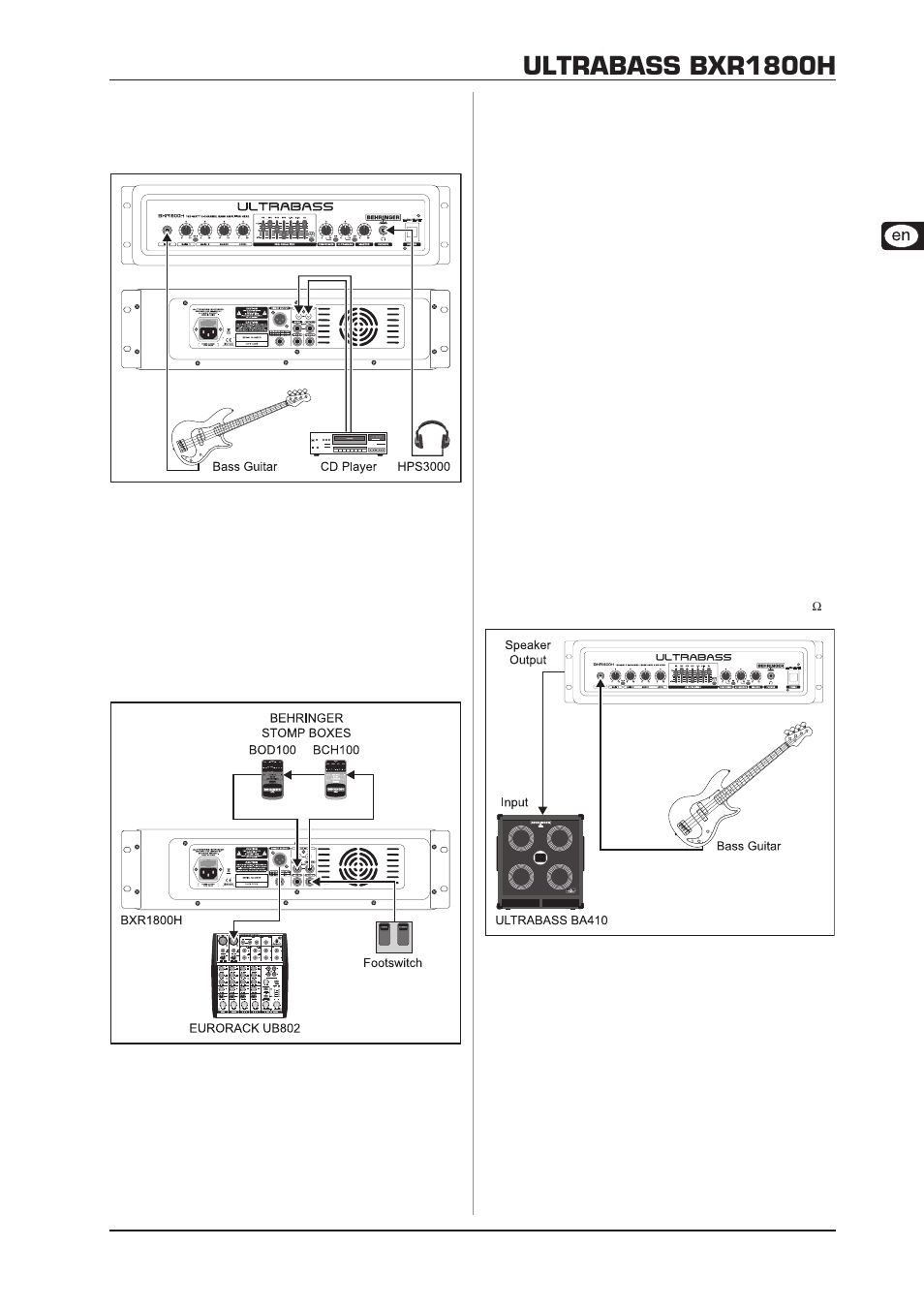 Wiring examples, 1 setup for practicing with playbacks, 2 expanded setup for gigs and studio recordings | 3 the ultrabass as a slave with an, 4 ultrabass with one loudspeaker cabinet, Ultrabass bxr1800h | Behringer Ultrabass Compact 180-Watt 2-Channel Bass Amplifier Head with FBQ Spectrum Analyzer BXR1800H User Manual | Page 9 / 12