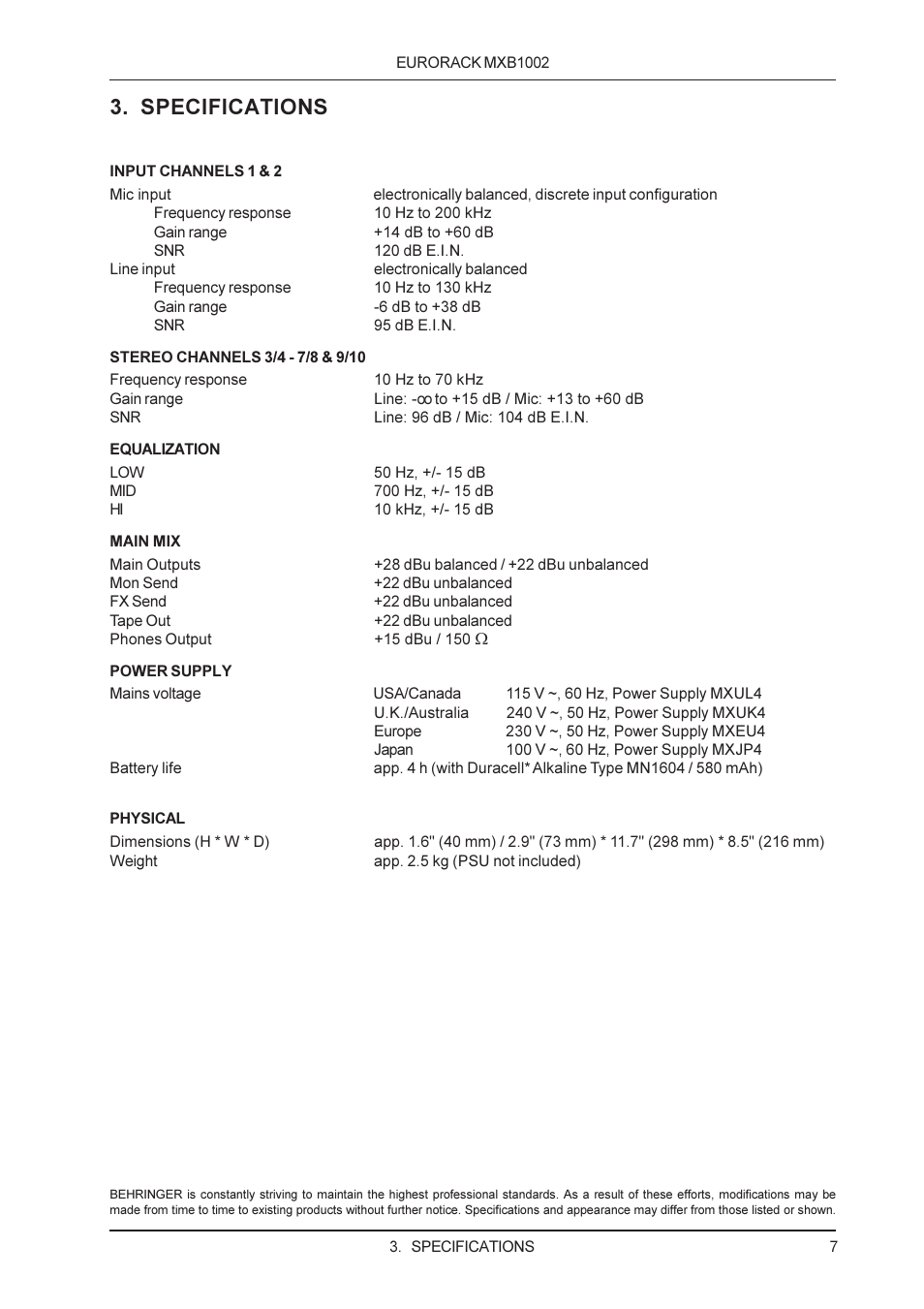 Specifications | Behringer MXB1002 User Manual | Page 7 / 8