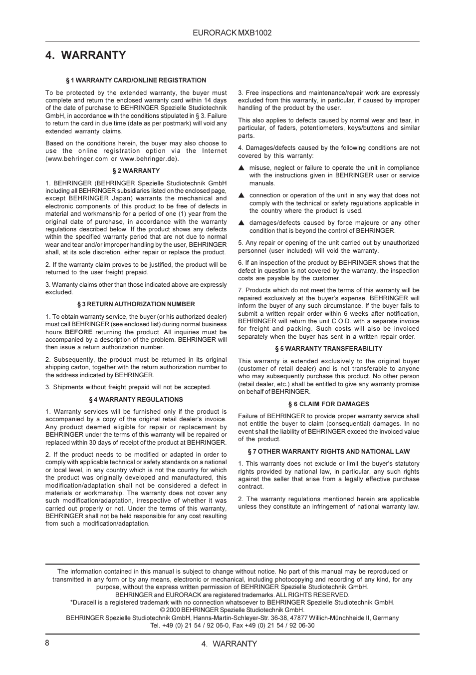 Warranty | Behringer MXB1002 User Manual | Page 8 / 8