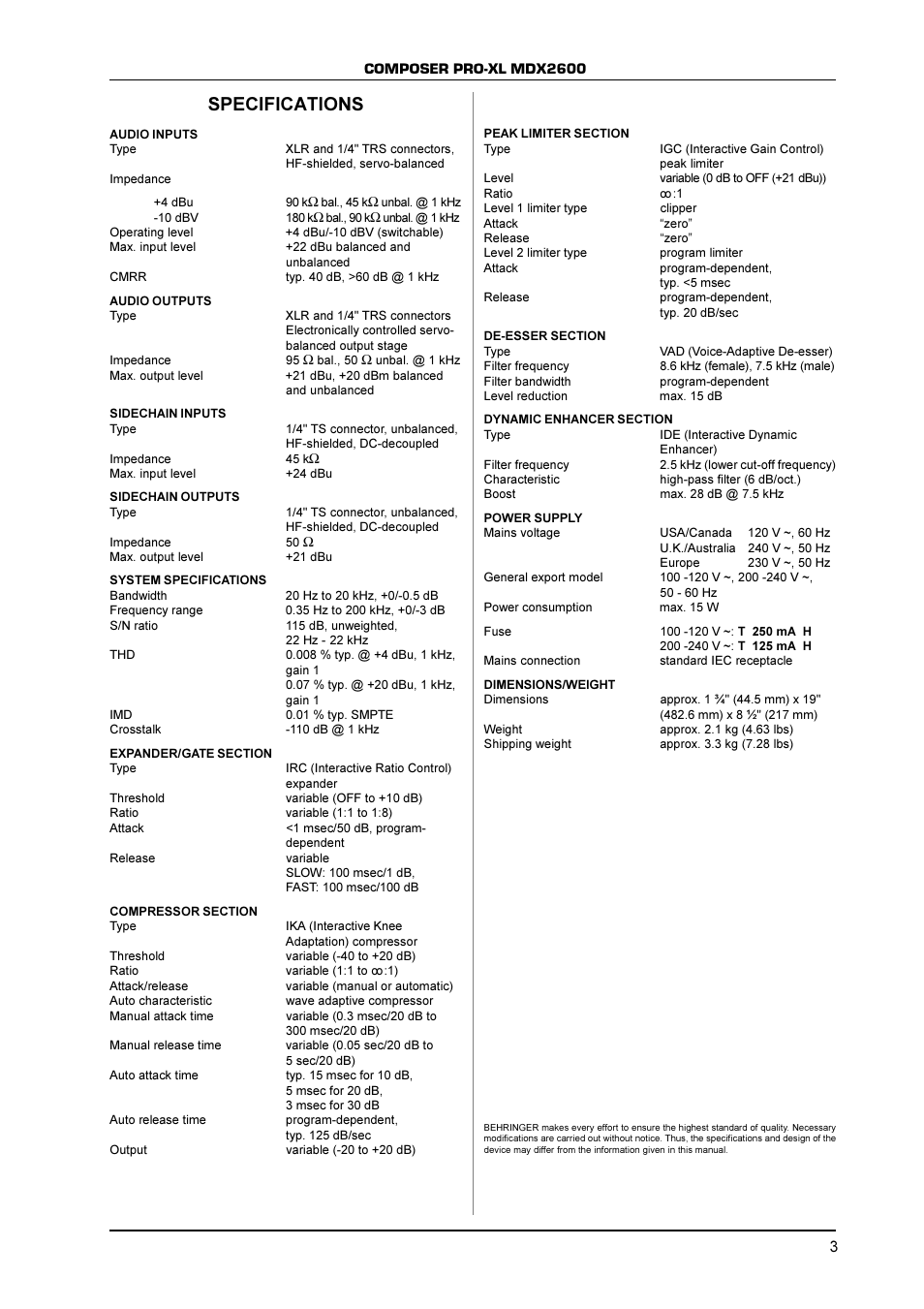 Specifications | Behringer COMPOSERPRO-XL MDX2600 User Manual | Page 3 / 4