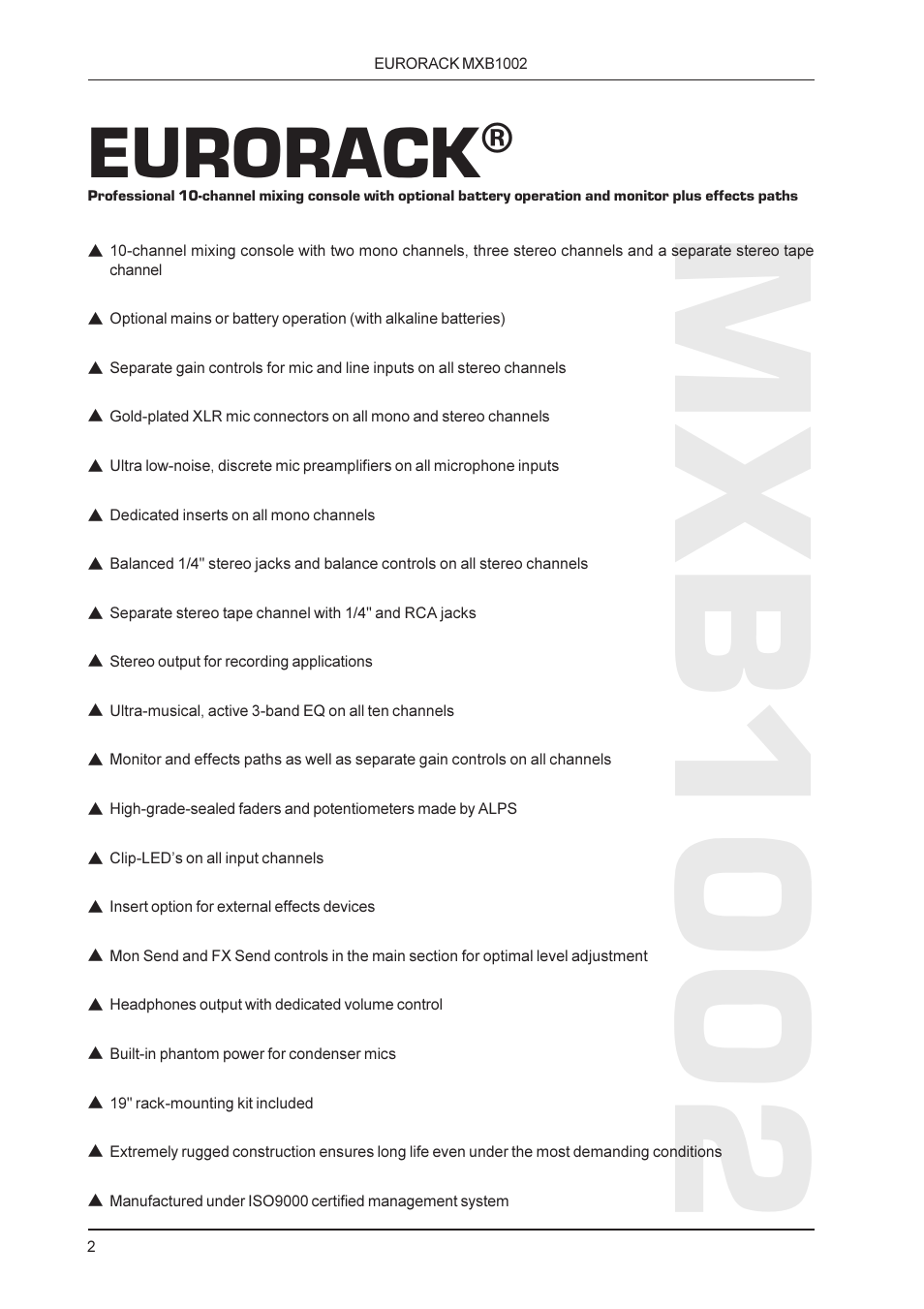 Mxb1002, Eurorack | Behringer Professional 10-channel mixing console with optional battery operation and monitor plus effects paths MXB1002 User Manual | Page 2 / 4