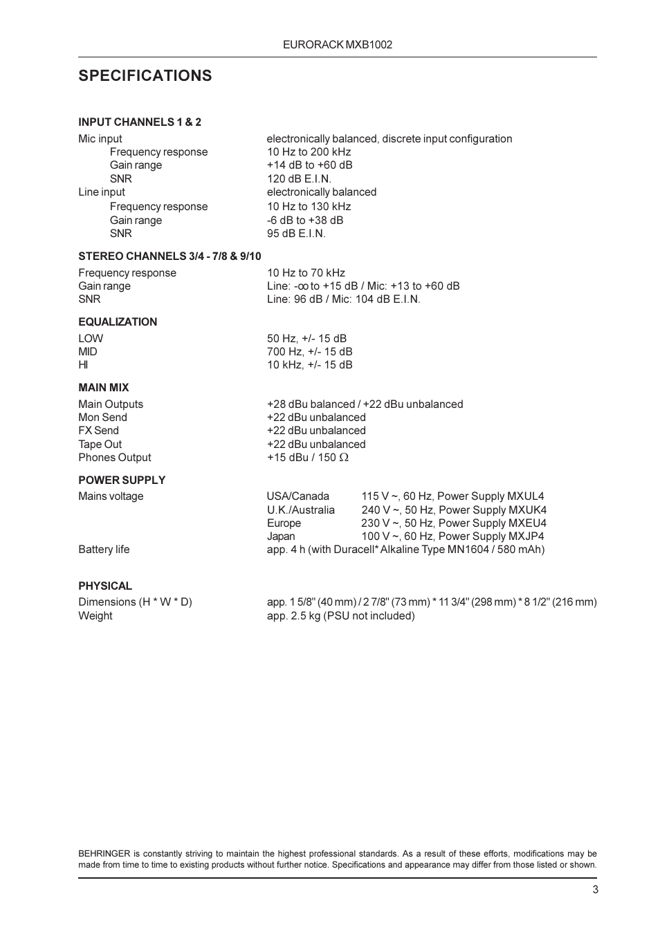 Specifications | Behringer Professional 10-channel mixing console with optional battery operation and monitor plus effects paths MXB1002 User Manual | Page 3 / 4