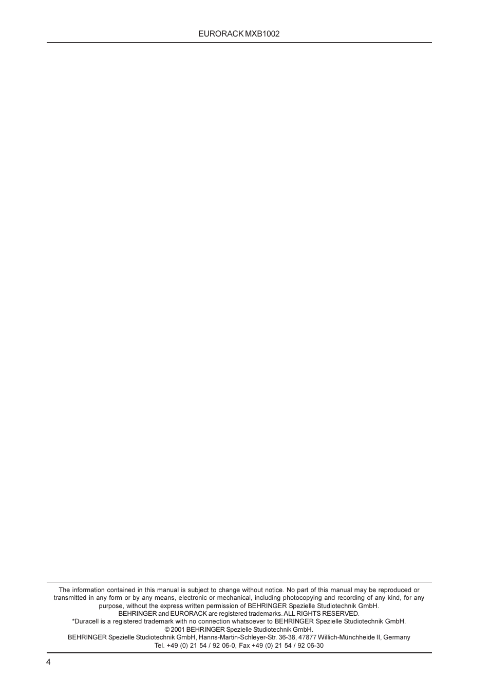 Behringer Professional 10-channel mixing console with optional battery operation and monitor plus effects paths MXB1002 User Manual | Page 4 / 4