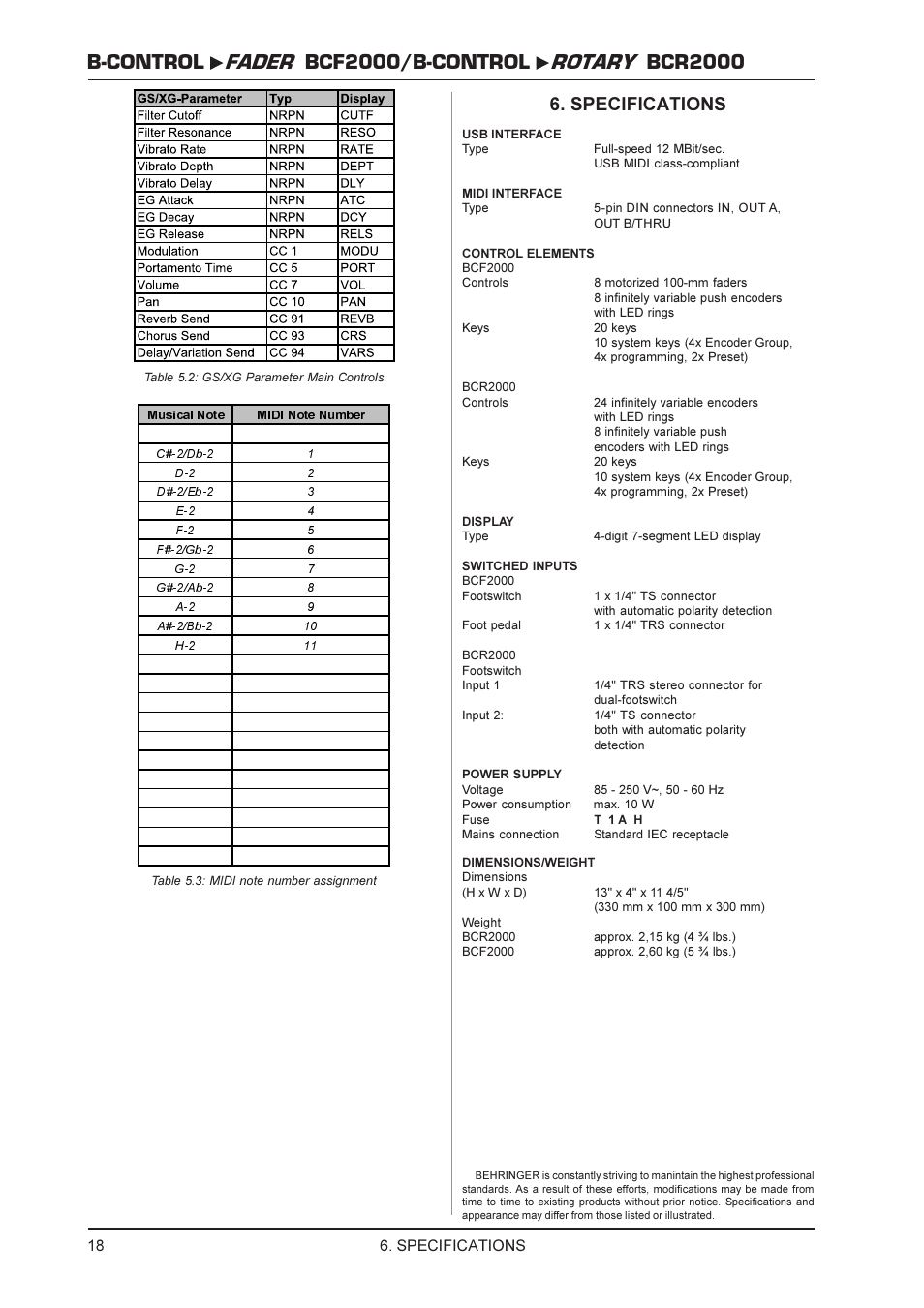 Specifications | Behringer ROTARY BCR2000 User Manual | Page 18 / 19