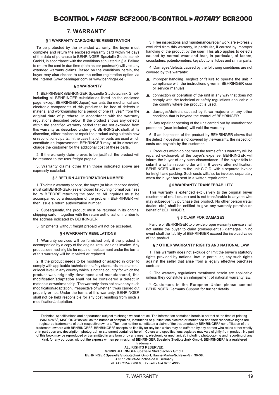 Warranty | Behringer ROTARY BCR2000 User Manual | Page 19 / 19