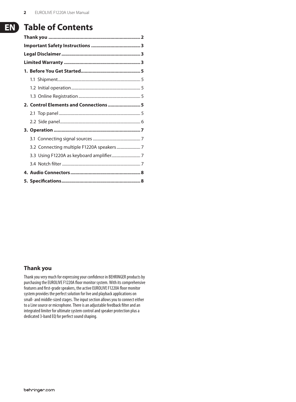 Behringer Eurolive F1220A User Manual | Page 2 / 10