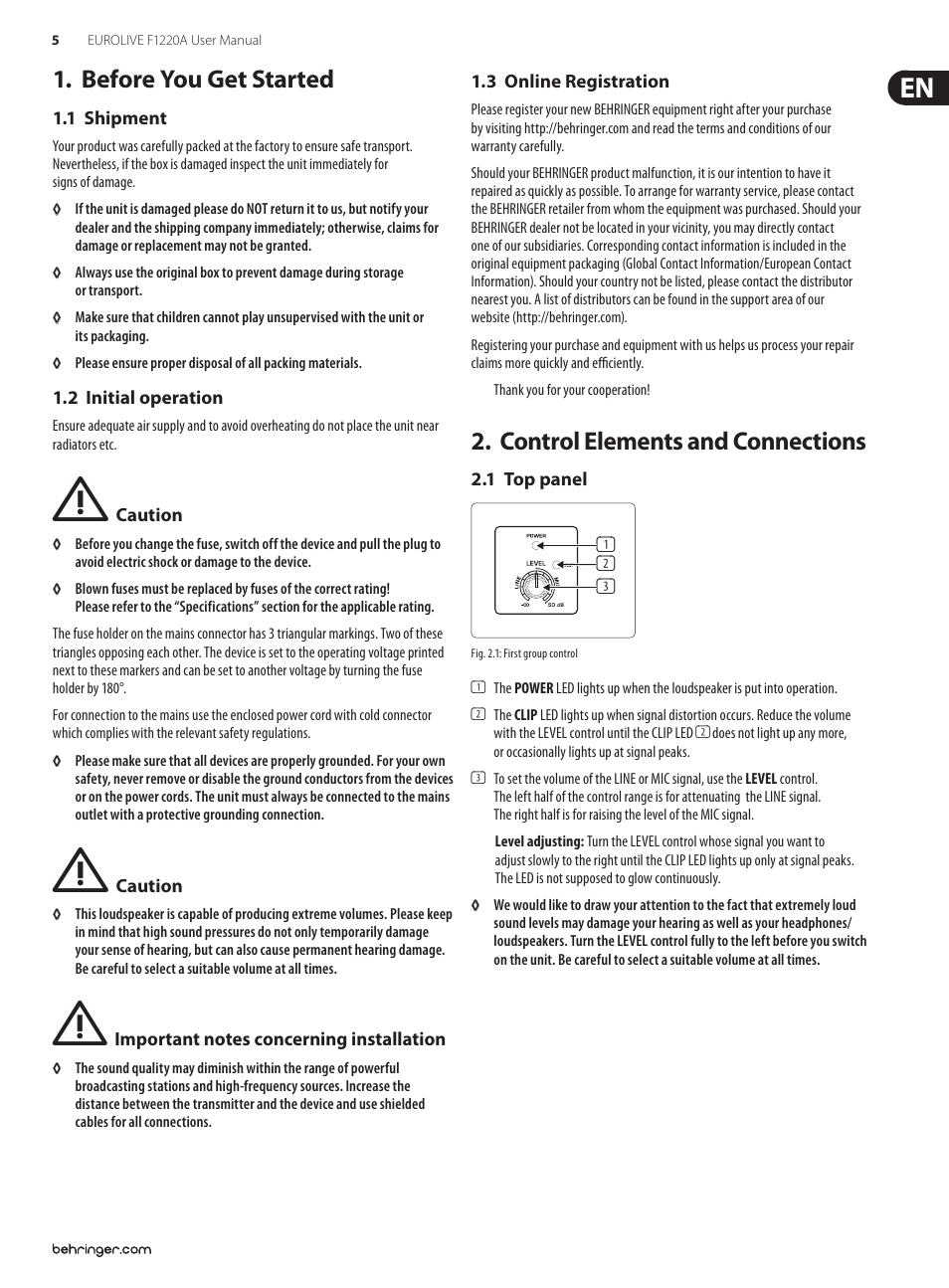 Before you get started, 1 shipment, 2 initial operation | 3 online registration, Control elements and connections, 1 top panel | Behringer Eurolive F1220A User Manual | Page 5 / 10